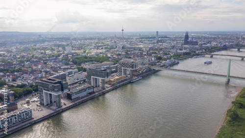 Aerial view of the Rhein River, with the Cologne Cathedral in the background, Germany