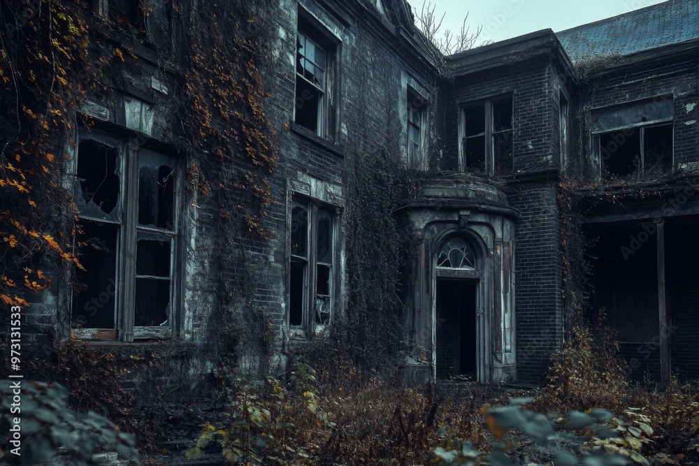 Fototapeta premium An Abandoned Brick House with Broken Windows and Overgrown Vines