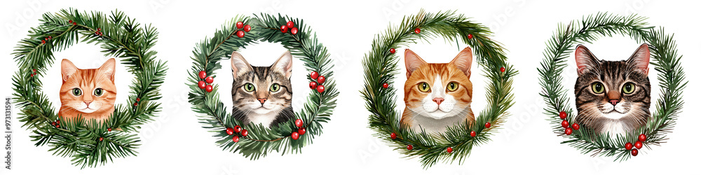 Festive cats surrounded by holiday wreaths, perfect for seasonal decorations and animal lovers during Christmas time. Festive cats surrounded by holiday wreaths, perfect for seasonal decorations and animal lovers during Christmas time.