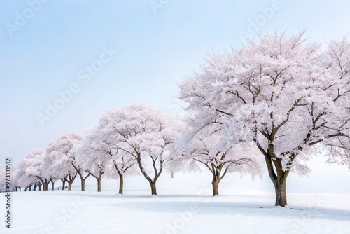 White landscape with trees and cherry blossom snow, winter, icy, tranquil, scenery, cold