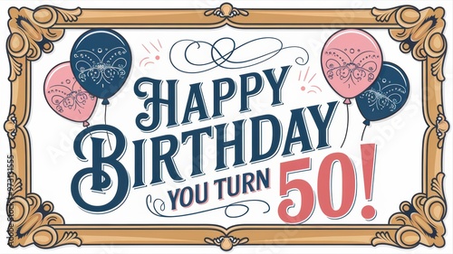 Colorful Birthday Card with Balloons Saying 'Happy Birthday! You Turn 50!'
