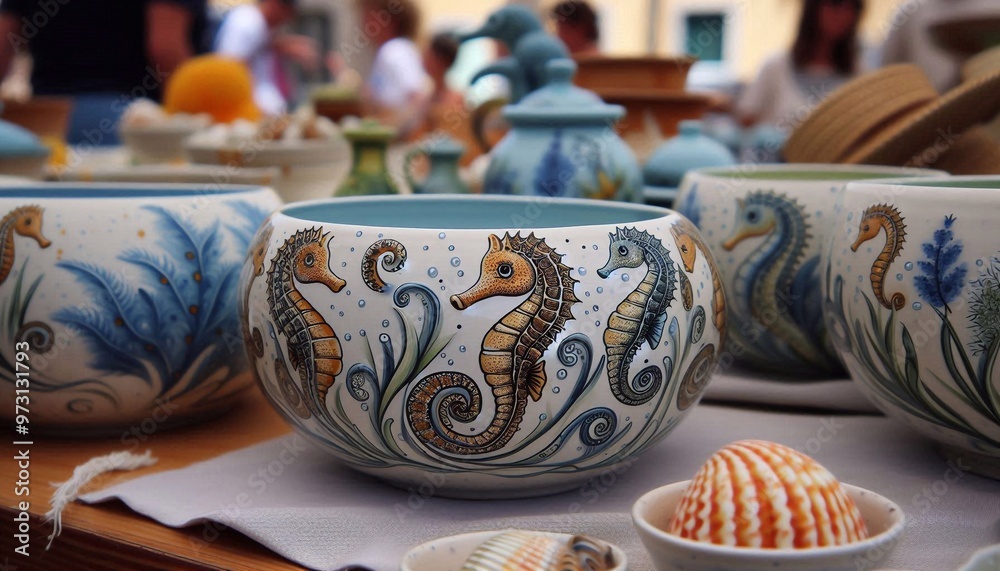 italienische Töpferware mit einem Seepferdchen Motiv auf einem Markt in Italien italienische Töpferware mit einem Seepferdchen Motiv auf einem Markt in Italien