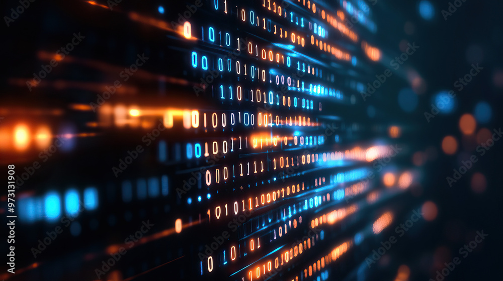 Vibrant abstract digital background featuring binary code in blue and orange, representing technology and data flow. Vibrant abstract digital background featuring binary code in blue and orange, representing technology and data flow.