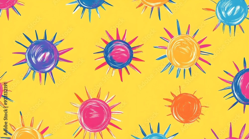 Bright Colorful Hand Painted Sun Pattern on Yellow Background Bright Colorful Hand Painted Sun Pattern on Yellow Background