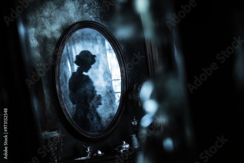 A Ghostly Figure Reflected in an Ornate Mirror