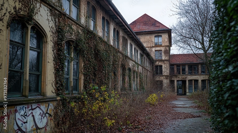An abandoned building overgrown with ivy, showcasing decay and neglect. An abandoned building overgrown with ivy, showcasing decay and neglect.