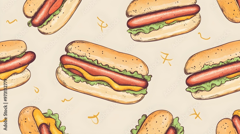 Hand Drawn Hot Dog Seamless Pattern Fast Food Illustration American Food Vintage Design Retro Style Hand Drawn Hot Dog Seamless Pattern Fast Food Illustration American Food Vintage Design Retro Style