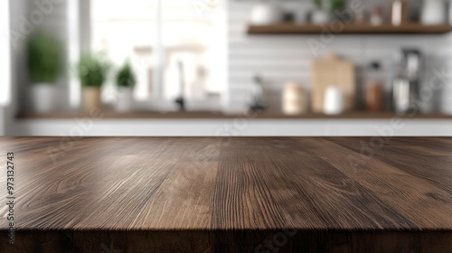 A wooden kitchen countertop with a blurred background of a modern kitchen setting.