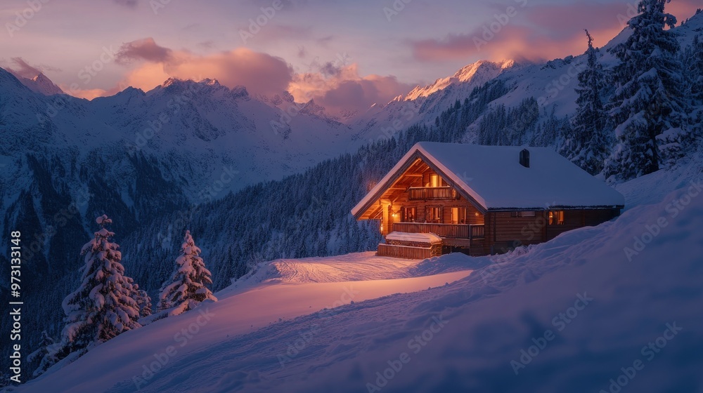 A cozy cabin in a snowy landscape at dusk, illuminated by warm light. A cozy cabin in a snowy landscape at dusk, illuminated by warm light.