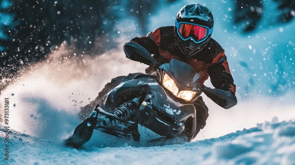 A person riding a snowmobile through snowy terrain, showcasing speed and adventure. A person riding a snowmobile through snowy terrain, showcasing speed and adventure.