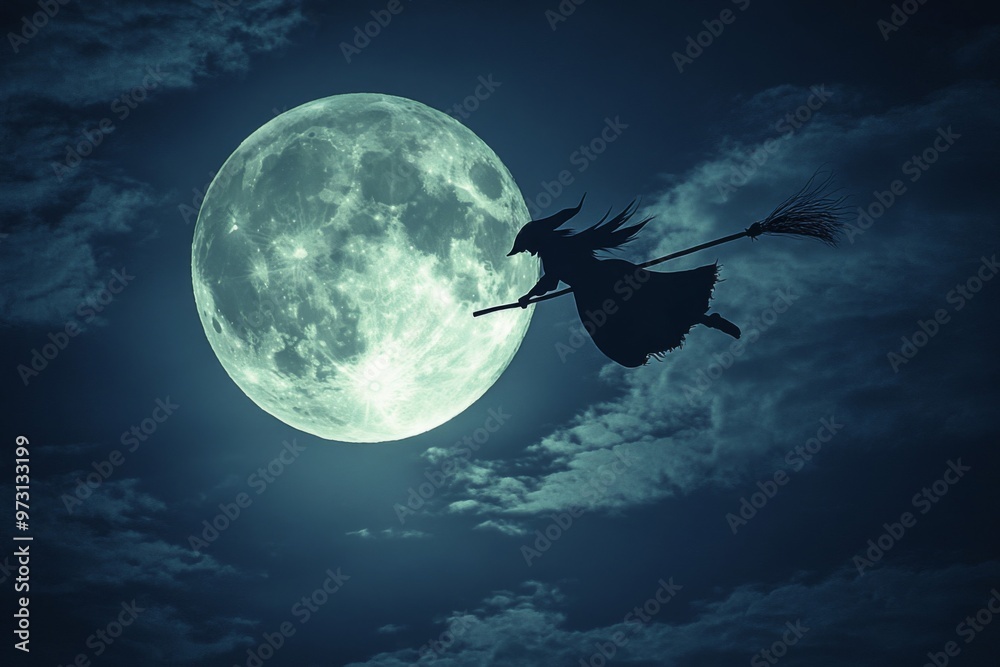 Silhouette of a Witch Flying on a Broomstick Past the Full Moon Silhouette of a Witch Flying on a Broomstick Past the Full Moon