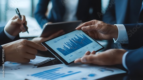 Close-up of Businesspeople Analyzing Financial Data on a Tablet