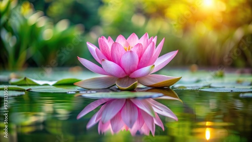 Pink lotus blossom blooming gracefully on tranquil pond surface, nature, blooming, water lily, flower, pond