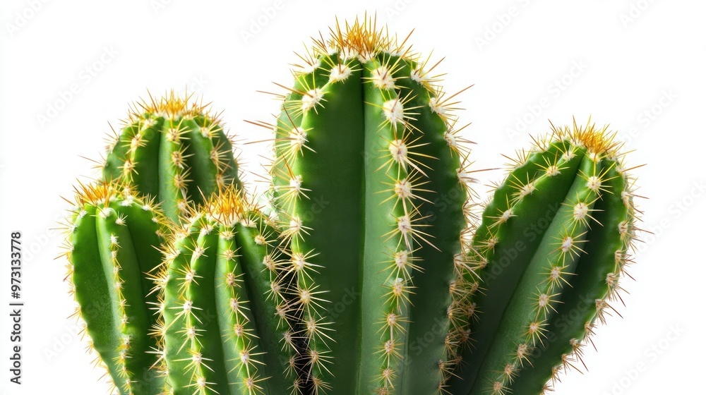 A cluster of tall, spiky cacti against a white background. A cluster of tall, spiky cacti against a white background.