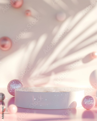 Mockup of a pastel-themed scene with soft shadows and sparkles, featuring a white circular platform surrounded by glittering spheres. The delicate pink and beige color palette