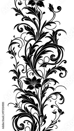 An intricate and elegant black floral vine pattern on a white background, featuring swirling leaves and delicate flowers