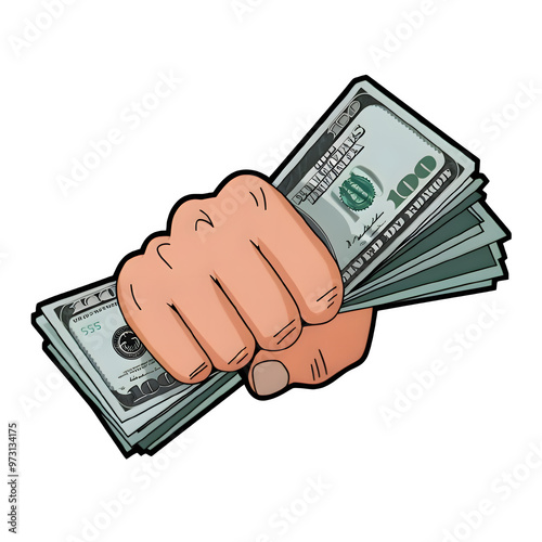 A bold cartoon-style illustration featuring a clenched fist gripping a stack of hundred-dollar bills