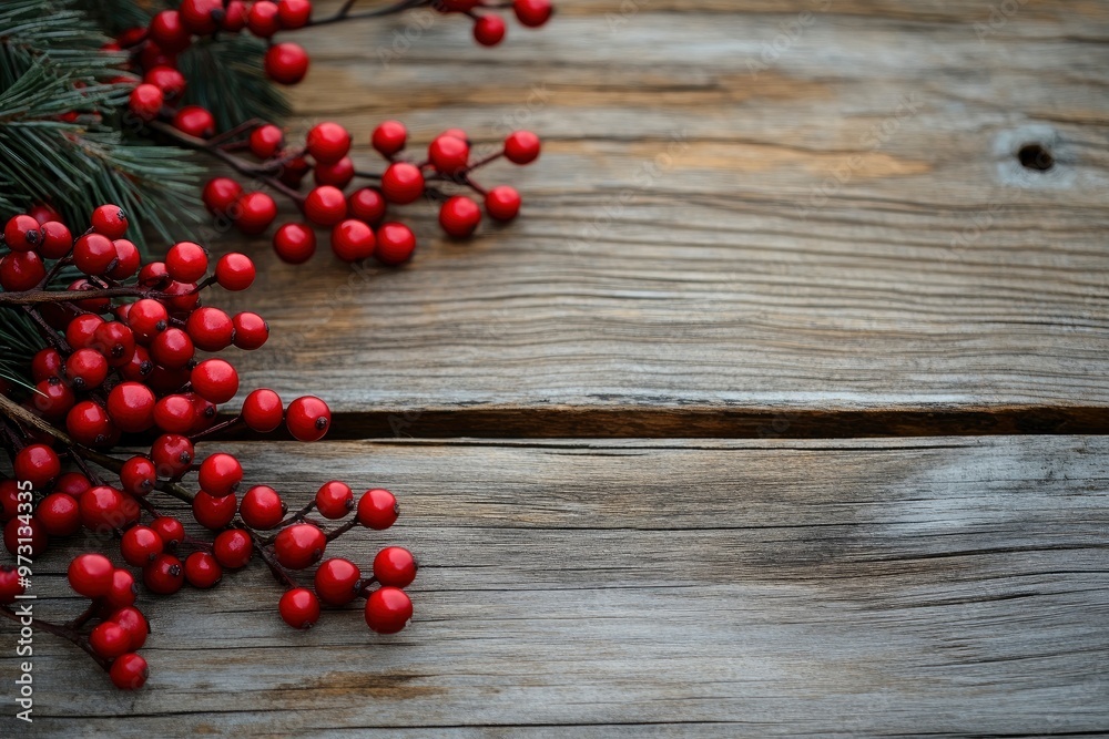 Christmas Branches and Red Berries over Wood Background New Year and Happy Holidays With Copy Space with generative ai