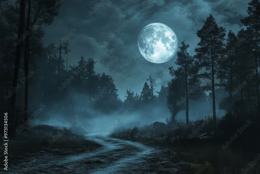 A Silhouetted River Winding Through a Foggy Forest Under a Full Moon A Silhouetted River Winding Through a Foggy Forest Under a Full Moon