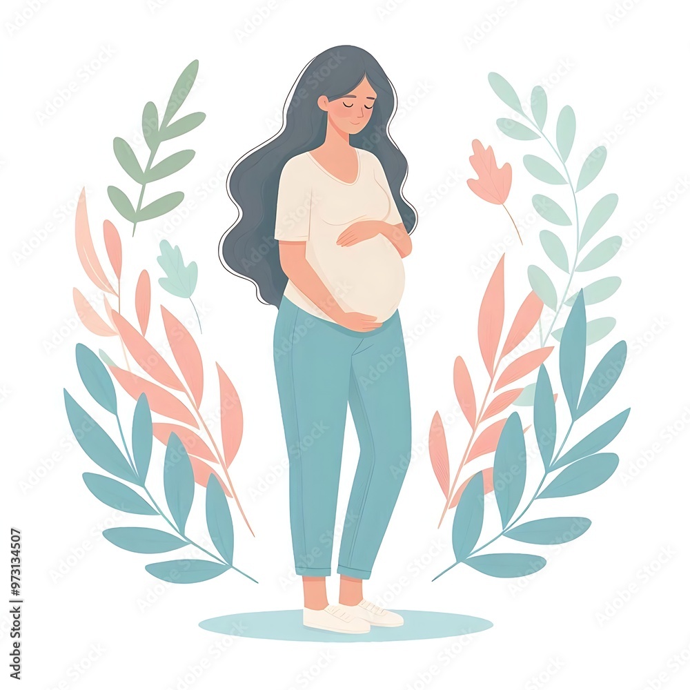 A flat-style illustration of a pregnant woman standing gracefully, surrounded by soft leaves. Ideal for maternity, wellness, and nature-themed designs. Simple, elegant, and calming composition. A flat-style illustration of a pregnant woman standing gracefully, surrounded by soft leaves. Ideal for maternity, wellness, and nature-themed designs. Simple, elegant, and calming composition.