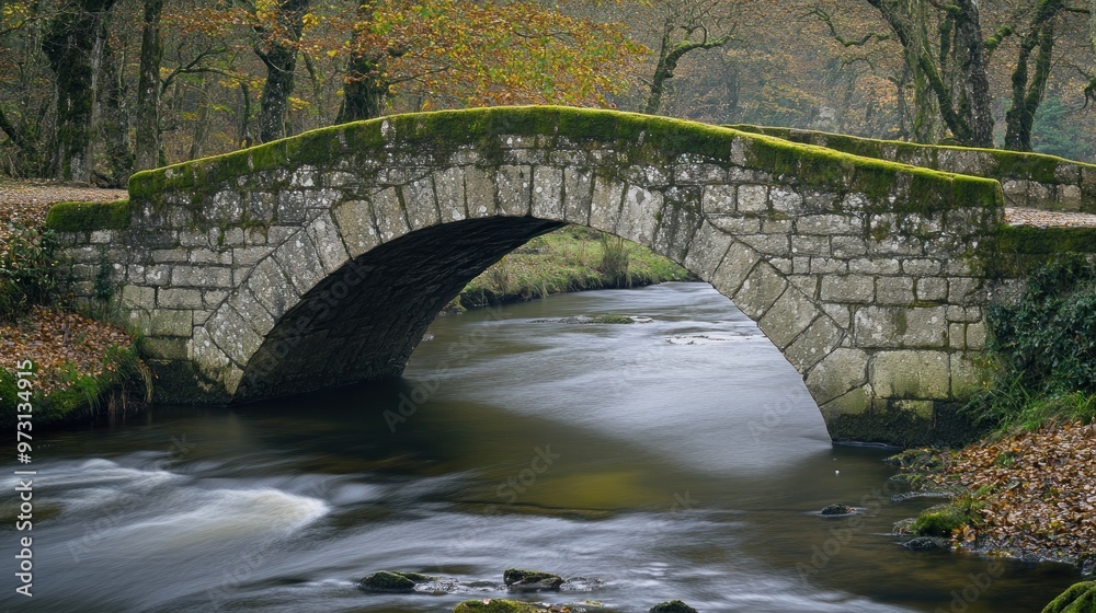 A serene stone bridge arching over a gently flowing river surrounded by autumn foliage. A serene stone bridge arching over a gently flowing river surrounded by autumn foliage.
