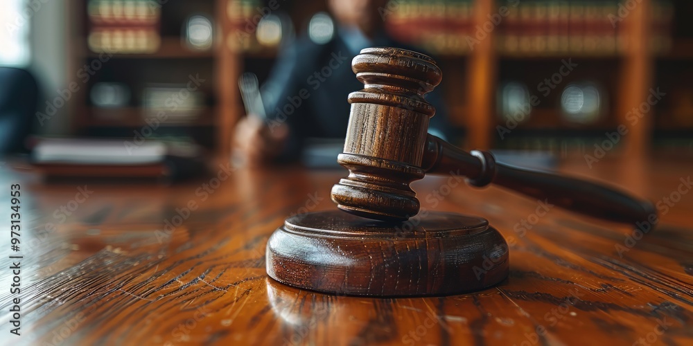 Wooden Gavel on a Wooden Table in a Courtroom Wooden Gavel on a Wooden Table in a Courtroom