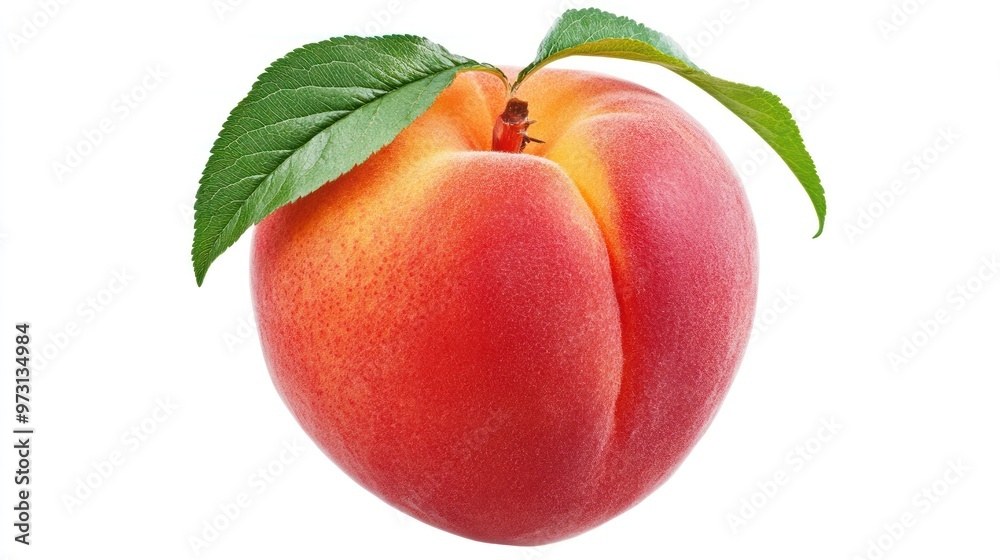 A fresh peach with a green leaf, showcasing its vibrant color and natural beauty. A fresh peach with a green leaf, showcasing its vibrant color and natural beauty.