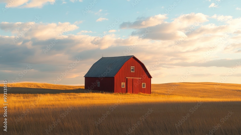 A serene red barn stands in a golden field under a sunset sky, evoking rural tranquility. A serene red barn stands in a golden field under a sunset sky, evoking rural tranquility.