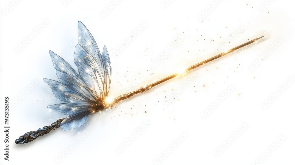 Elegant Magic Wand With Fairy Wings Design Emitting A Soft Golden Glow Elegant Magic Wand With Fairy Wings Design Emitting A Soft Golden Glow