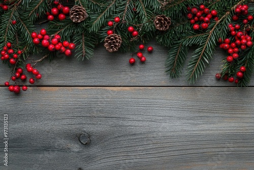 Christmas Branches and Red Berries over Wood Background New Year and Happy Holidays With Copy Space with generative ai