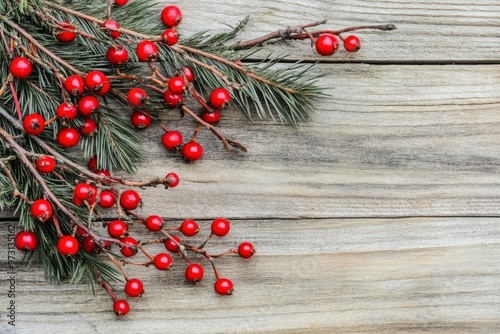 Christmas Branches and Red Berries over Wood Background New Year and Happy Holidays With Copy Space with generative ai