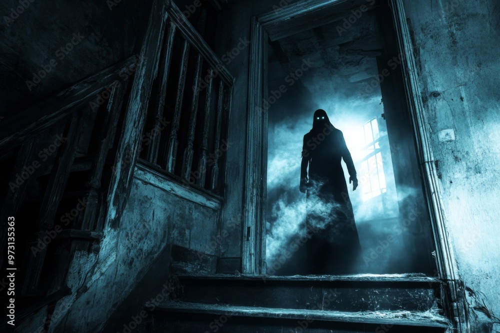 A Gloomy Figure with Glowing Eyes Stands in a Foggy Doorway of an Abandoned Building A Gloomy Figure with Glowing Eyes Stands in a Foggy Doorway of an Abandoned Building