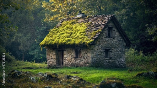 A quaint stone cottage with a moss-covered roof nestled in a lush, green landscape.