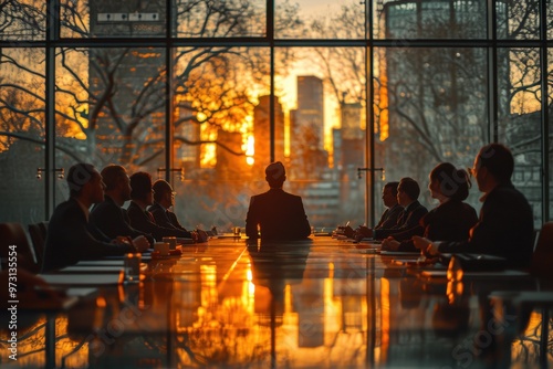 A professional meeting at a conference table during sunset, with silhouettes of business colleagues against a cityscape backdrop.