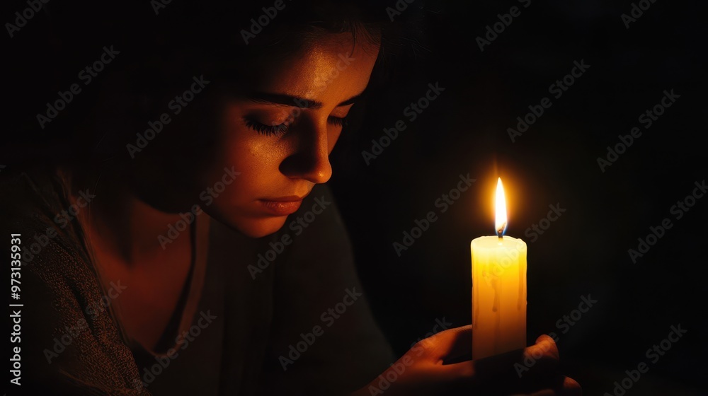 Portrait of Loneliness: Sad Person Sitting in Darkness Illuminated by Single Candlelight Portrait of Loneliness: Sad Person Sitting in Darkness Illuminated by Single Candlelight