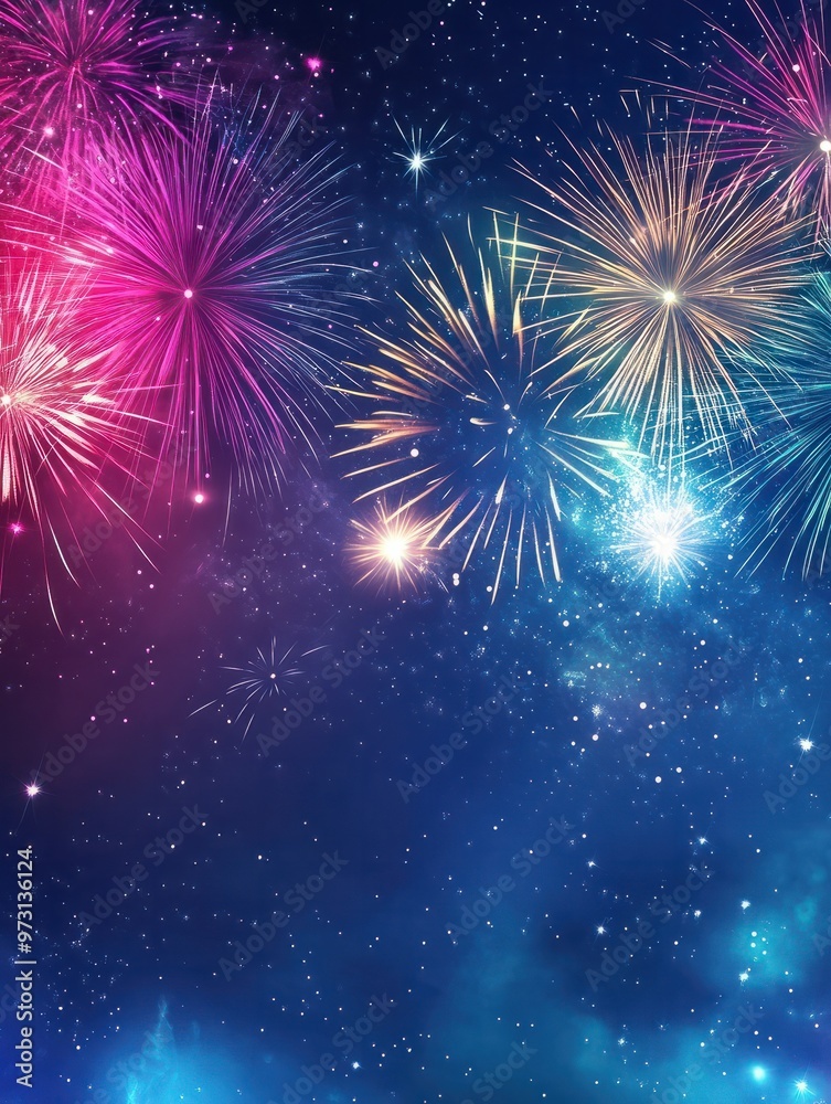 Fototapeta premium Colorful fireworks light up the night sky with Happy New Years Eve message shining brightly