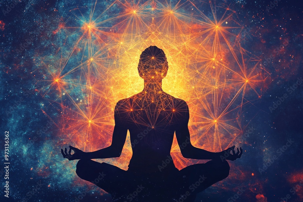 Silhouette of a person meditating peacefully amid a cosmic backdrop ...