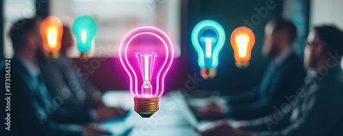 Brainstorming session with neon light-bulbs floating above heads