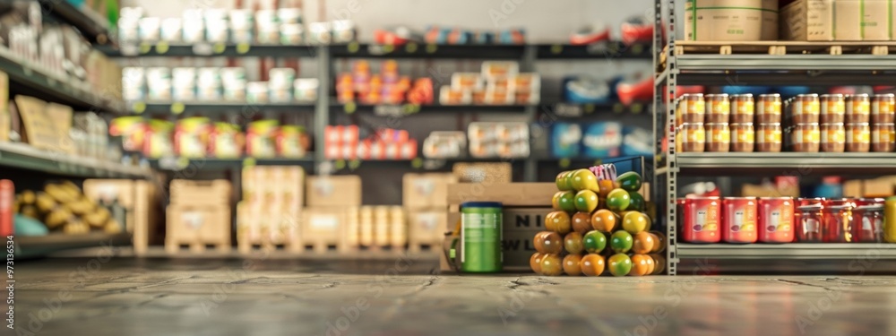 Naklejka premium Warehouse Shelves Filled with Grocery Products in Focus