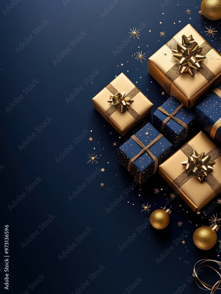Elegant christmas card with golden gifts and large space for text on dark blue background Elegant christmas card with golden gifts and large space for text on dark blue background