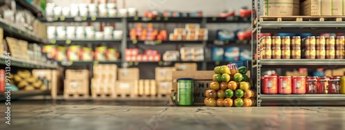 Warehouse Shelves Filled with Grocery Products in Focus