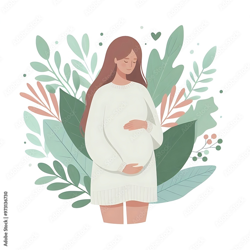 A flat-style illustration of a pregnant woman standing gracefully, surrounded by soft leaves. Ideal for maternity, wellness, and nature-themed designs. Simple, elegant, and calming composition. A flat-style illustration of a pregnant woman standing gracefully, surrounded by soft leaves. Ideal for maternity, wellness, and nature-themed designs. Simple, elegant, and calming composition.