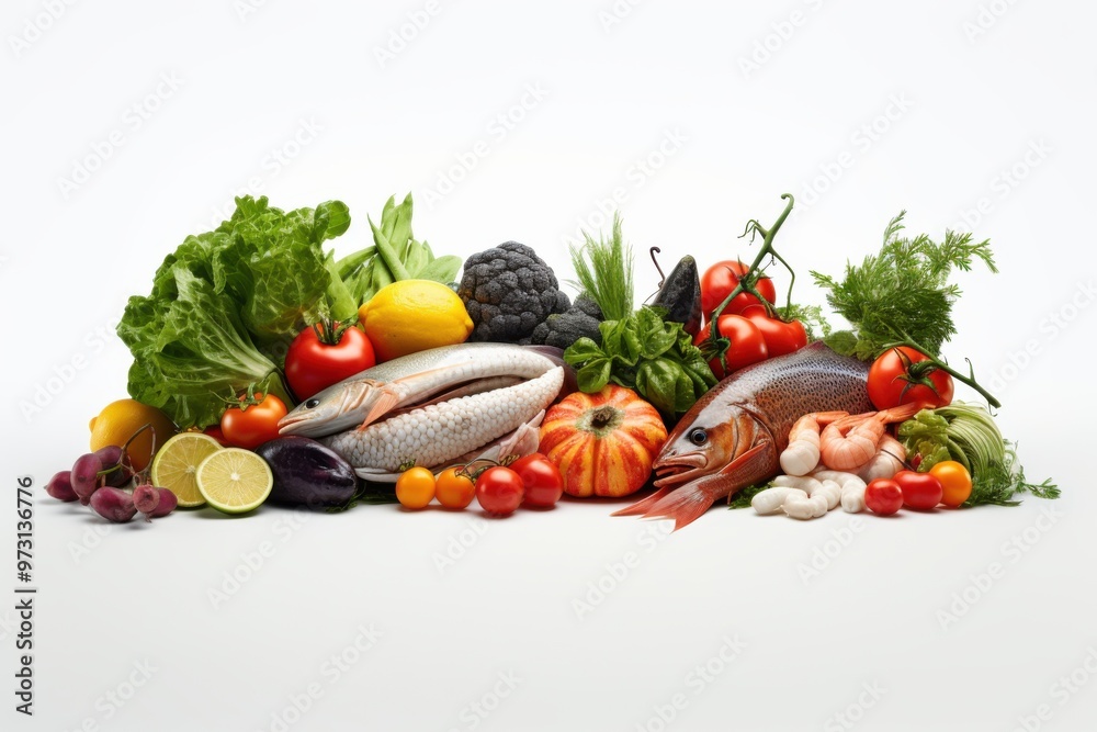 A vibrant and fresh assortment of seafood and vegetables beautifully arranged against a clean, white background. A vibrant and fresh assortment of seafood and vegetables beautifully arranged against a clean, white background.
