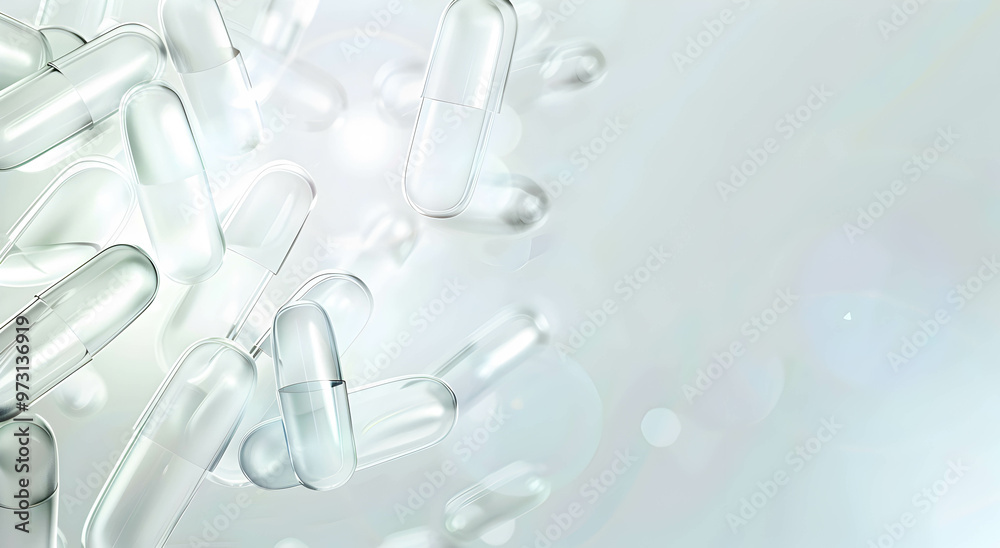 Background with numerous transparent capsules. Banner with space for text. Pharmacception concept. Background with numerous transparent capsules. Banner with space for text. Pharmacception concept.