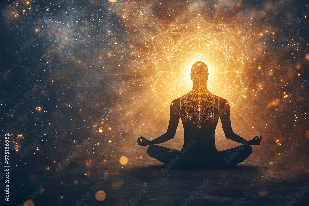 Silhouette of a person meditating peacefully amid a cosmic backdrop filled with vibrant energy and symbolic patterns Silhouette of a person meditating peacefully amid a cosmic backdrop filled with vibrant energy and symbolic patterns