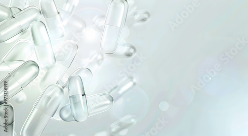 Background with numerous transparent capsules. Banner with space for text. Pharmacception concept.