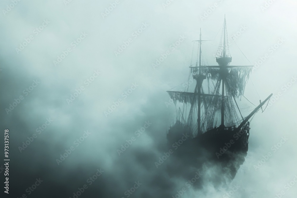 A Ghostly Silhouette of a Ship in Fog A Ghostly Silhouette of a Ship in Fog