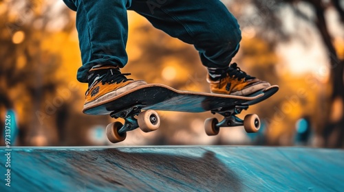 A skateboarder performs a trick in a park, showcasing skill and athleticism.