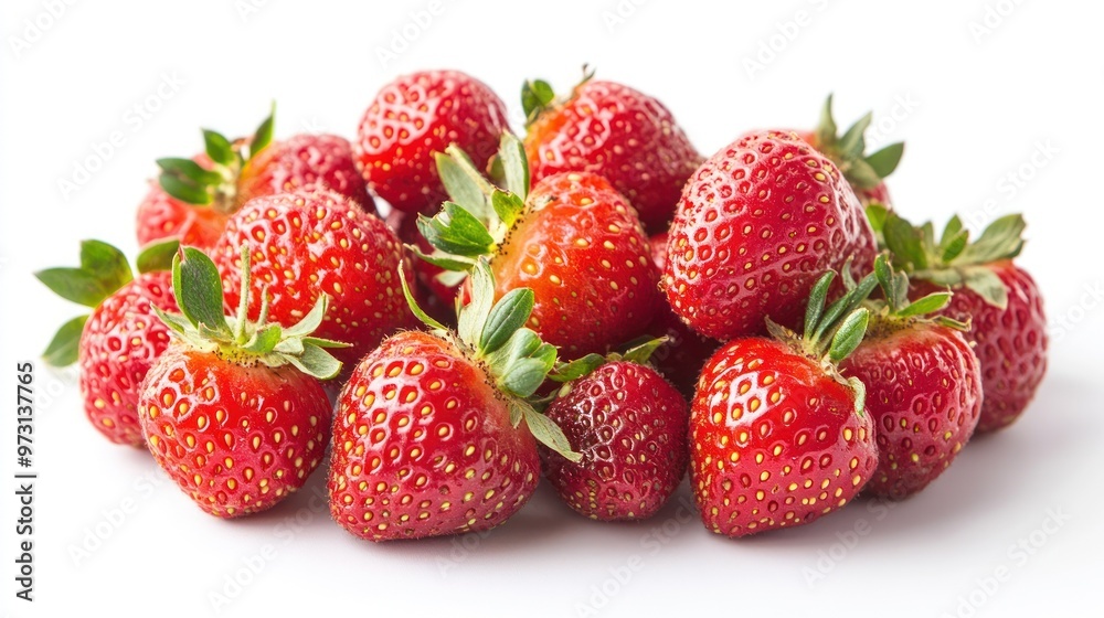 A pile of fresh strawberries with green leaves on a white background. A pile of fresh strawberries with green leaves on a white background.