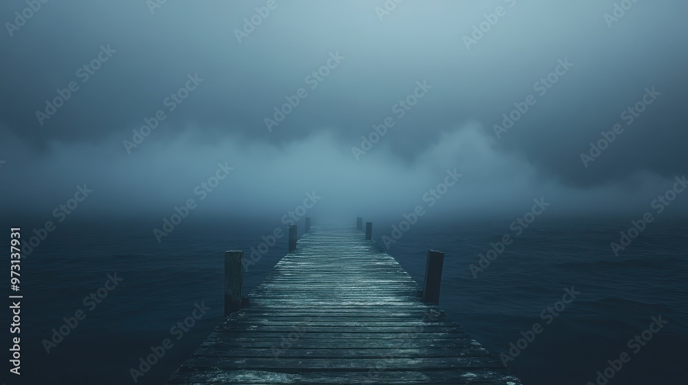 Fototapeta premium Eerie Mystery of an Old Wooden Pier in a Foggy Ocean at Dusk
